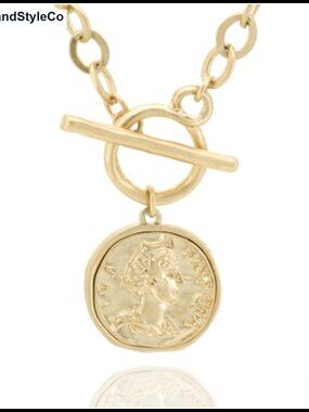 Chunky Gold Coin Necklace for Women, 18K Gold Plated Toggle Chain
